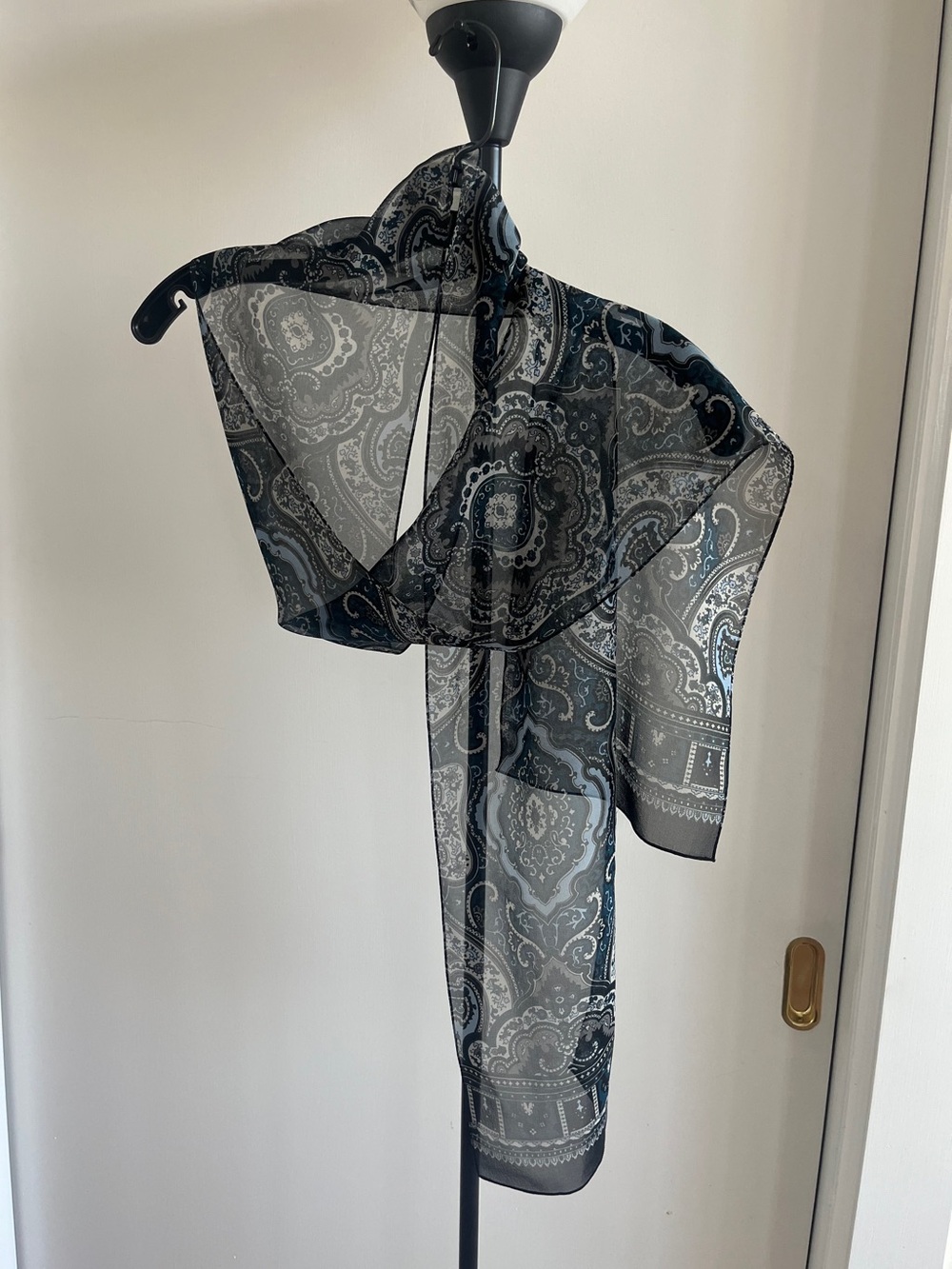 Like New Scarf Stole Floral Paisley Navy Blue Gray & White 71" for Business Suit